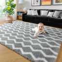 RUGTUDER 5x8 Rug for Living Room Bedroom, Fluffy Fuzzy Non Slip Soft Plush Shaggy Large Chevron Zigzag Area Rug for Nursery Kids Room Office Playroom Classroom, Light Grey and White