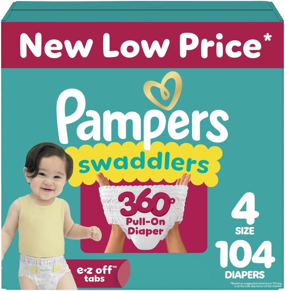Pampers Diapers - Swaddlers 360 - Size 4, 104 Count, up to 100% Leakproof Comfy Dry Fit, Designed for Easy Changes, Pull On Baby Diaper  