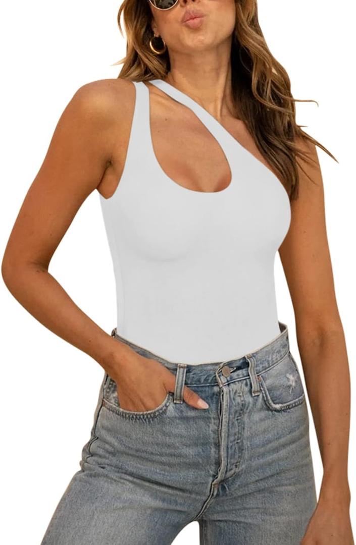 ReoRia Women's Summer Sexy One Shoulder Cutout Front Sleeveless One Piece Tank Tops Backless Thong Bodysuits Leotards For Going Out White Large