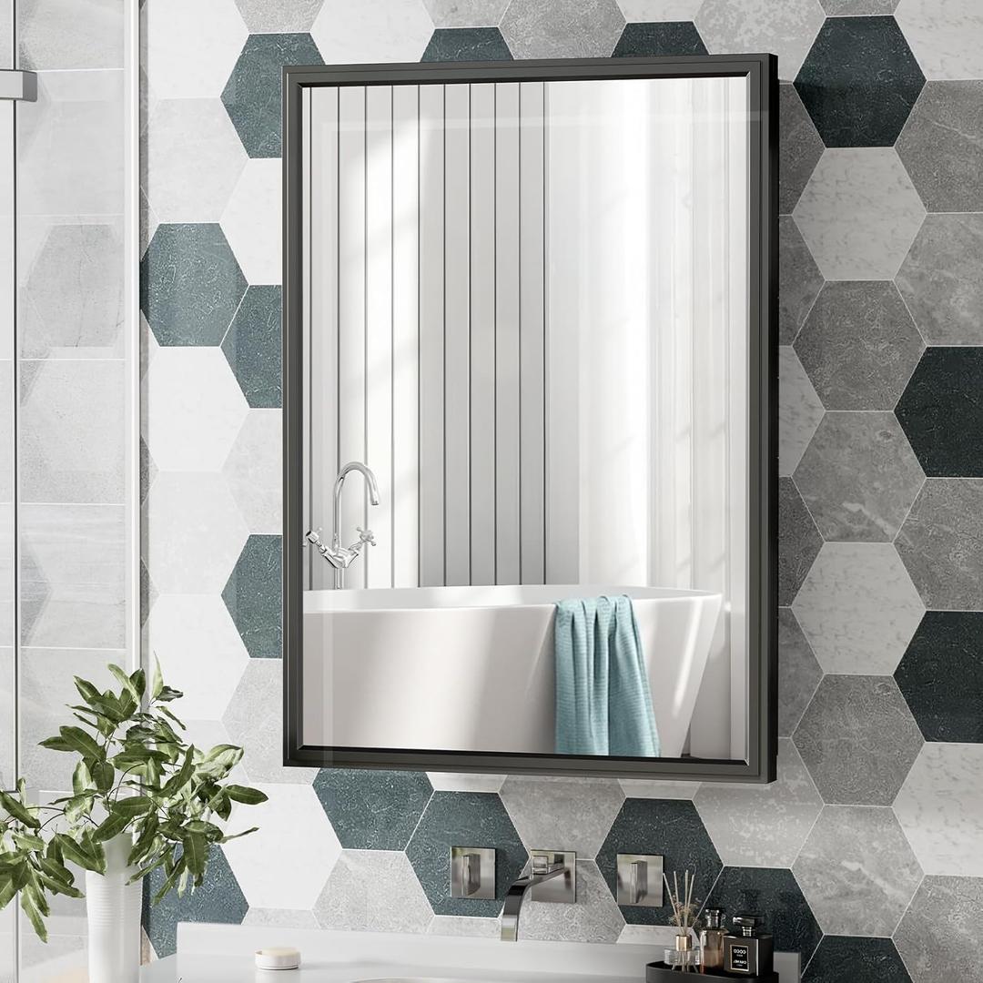 20x28 Inch Black Bathroom Medicine Cabinet with Mirror Metal Medicine Cabinet Recessed or Surface Wall Mounted Mirror Cabinet Brushed Matte Aluminum Alloy Framed