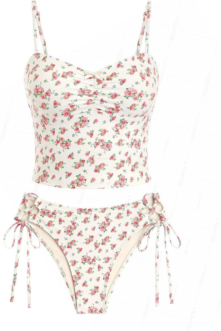 seamoly Womens Cute Tankini Set Gingham Two Piece Swimsuits with Bow Back Tie Side Bottom (Small, Apricot)