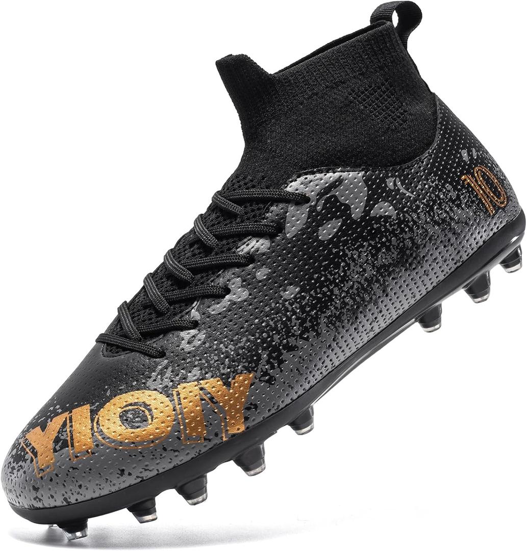 Unisex-Child Soccer Cleats High-top Youth Football Training Shoes (3.5 Big Kid, Black/Gold)