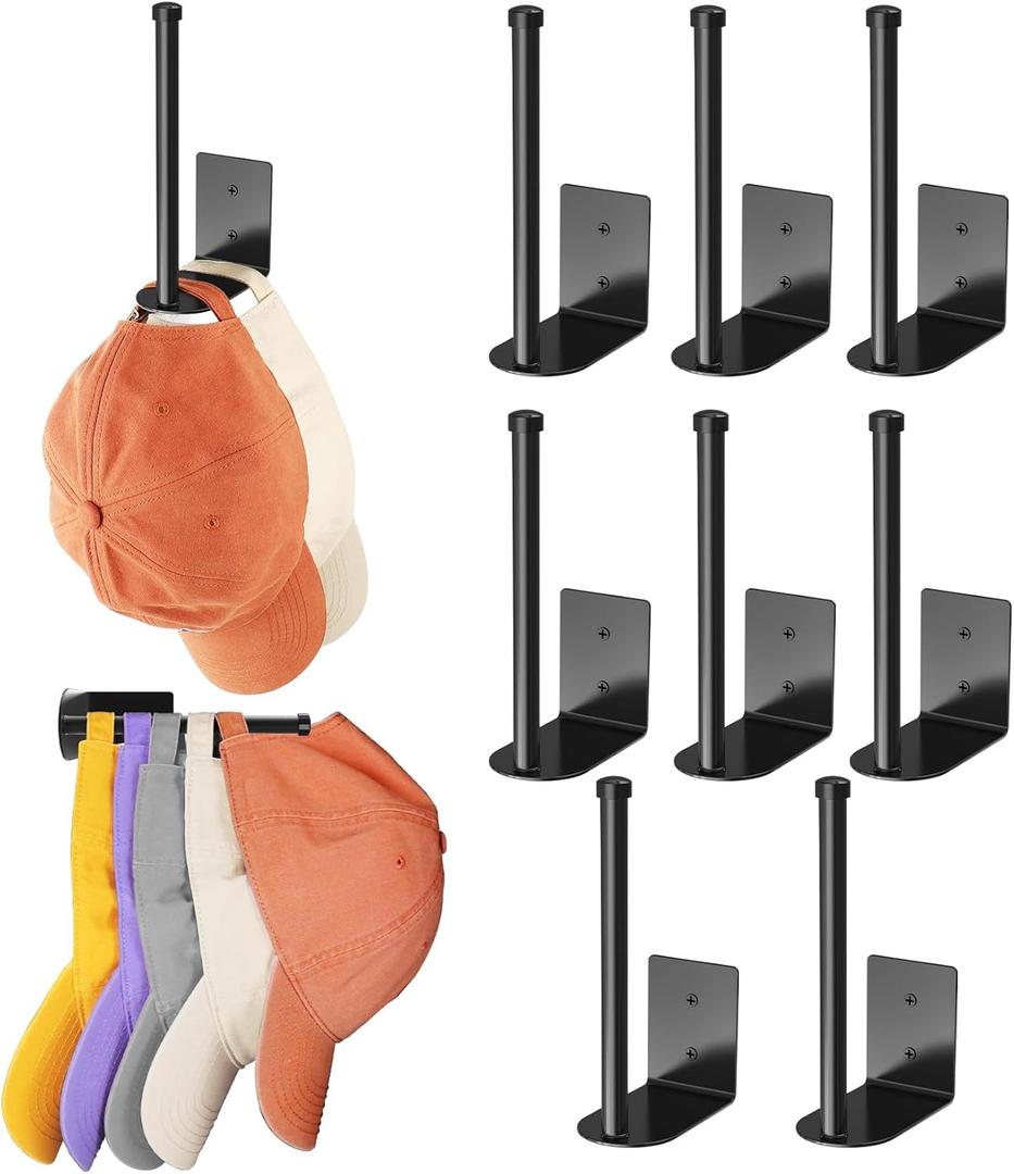 8 Pack Hat Racks for Baseball Caps, Stainless Steel Hat Organizer for Baseball Cap, Hat Holder Storage Organizer, Hat Hanger Strong Adhesive/Wall Drilled for Door, Bedroom, Closet(Black 6 in)