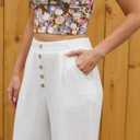 SVALIY Women Flowy Pants Cotton Linen Wide Leg Palazzo Pants Long Lounge Slacks High Waist Button Trousers Pocket (XL)