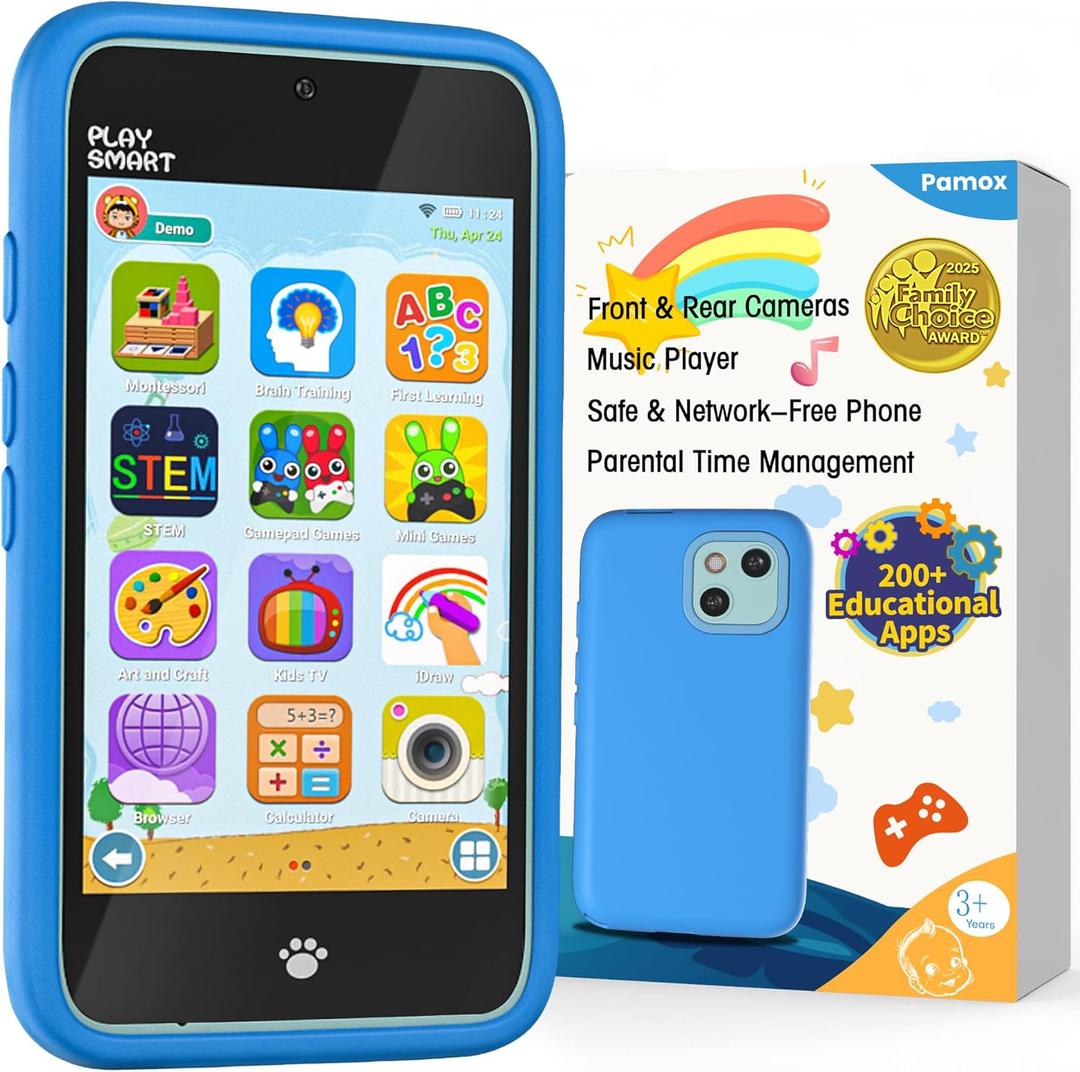 Kids Toy Phones with Dual Camera, Learning Toys Phones Gifts for Kid 3-12 with 200+ Educational Puzzle Games, 4" Touchscreen Rechargeable Blue Child Smartphones with Parental Control