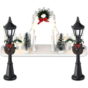 Zhengmy 3 Christmas Village Sets, 2 Miniature Street Lights for Mini Lamp Decorative Dollhouse Streetlight, and Gate Lit Figurine Landscape Fence with LED
