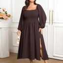 SCOMCHIC Women's Plus Size Fall Dresses Long Sleeve Square Neck Smocked Flowy A-Line Formal Wedding Guest Maxi Dress (Brown, XXXL)