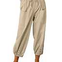 HangNiFang Cotton Linen Capri Pants for Women High Elastic Waisted Drawstring Cropped Pants with Pockets(0966-Khaki-XL)