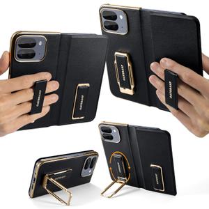 Dual Grip Pixel 10 Pro Fold Case with Stand, Leather & Metal Full Protective Hinge Protection Pixel Fold 10 Pro Case with Wrist Strap, Drop-Proof Cover for Google 10pro fold, Black