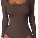 ANRABESS Women Scoop Neck Bodysuits Long Sleeve Tops 2025 Fall Slim Fit Ribbed Knit Sexy Soft Basic Shirts Fashion Outfits (Small, Coffee)