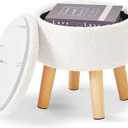 IBUYKE 13 Inch Foot Stool Ottoman with Storage, Round Small Foot Rest with Padded Seat and Wood Legs, Teddy Velvet Mini Footstool for Living Room Couch Bedroom Entryway, Cream WBD006W