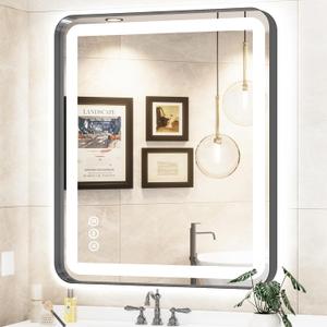 36" x 30" LED Bathroom Mirror with Backlit & Frontlit, Anti-Fog, Dimmable 3-Color Lights, Shatterproof, Black Frame, Rounded Corners - Wall Mount Vanity Mirror