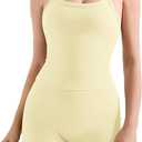 SUUKSESS Women 2 Piece Workout Sets High Waisted Tummy Control Biker Shorts Halter Padded Tank Tops (Medium, Yellow)