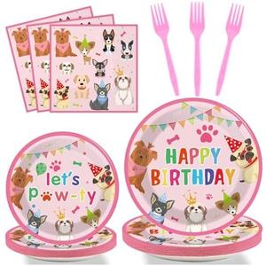 96 Pieces Dog Themed Birthday Party Decorations Puppy Party Tableware for Lets Pawty Party Dessert Plates Napkins Forks Birthday Favors 24 Guests