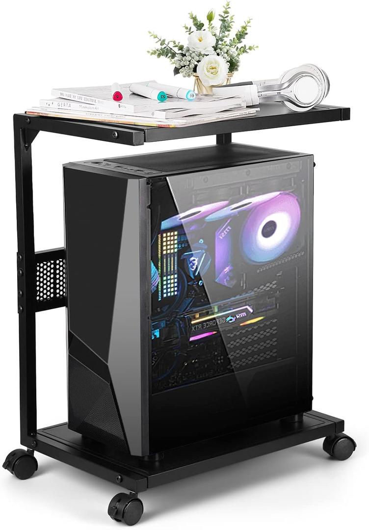Bfttlity PC Stand Computer Tower Stand 2-Tier Metal CPU Holder with Locking Caster Wheels Suitable for Most PC (S, Black)
