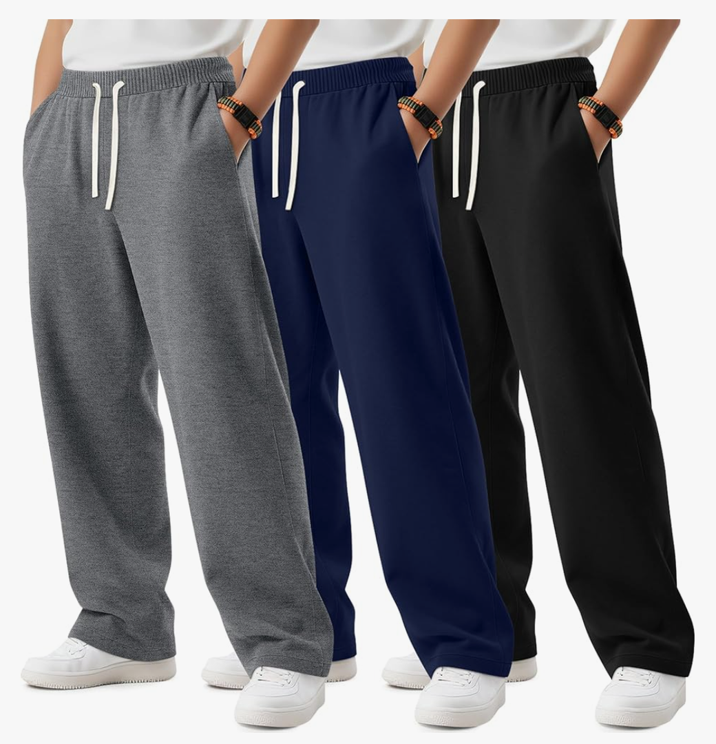 3 Pack Boys Sweatpants Kids Casual Open Bottom Pants Teen Straight Leg Athletic Drawstring Joggers with Pockets