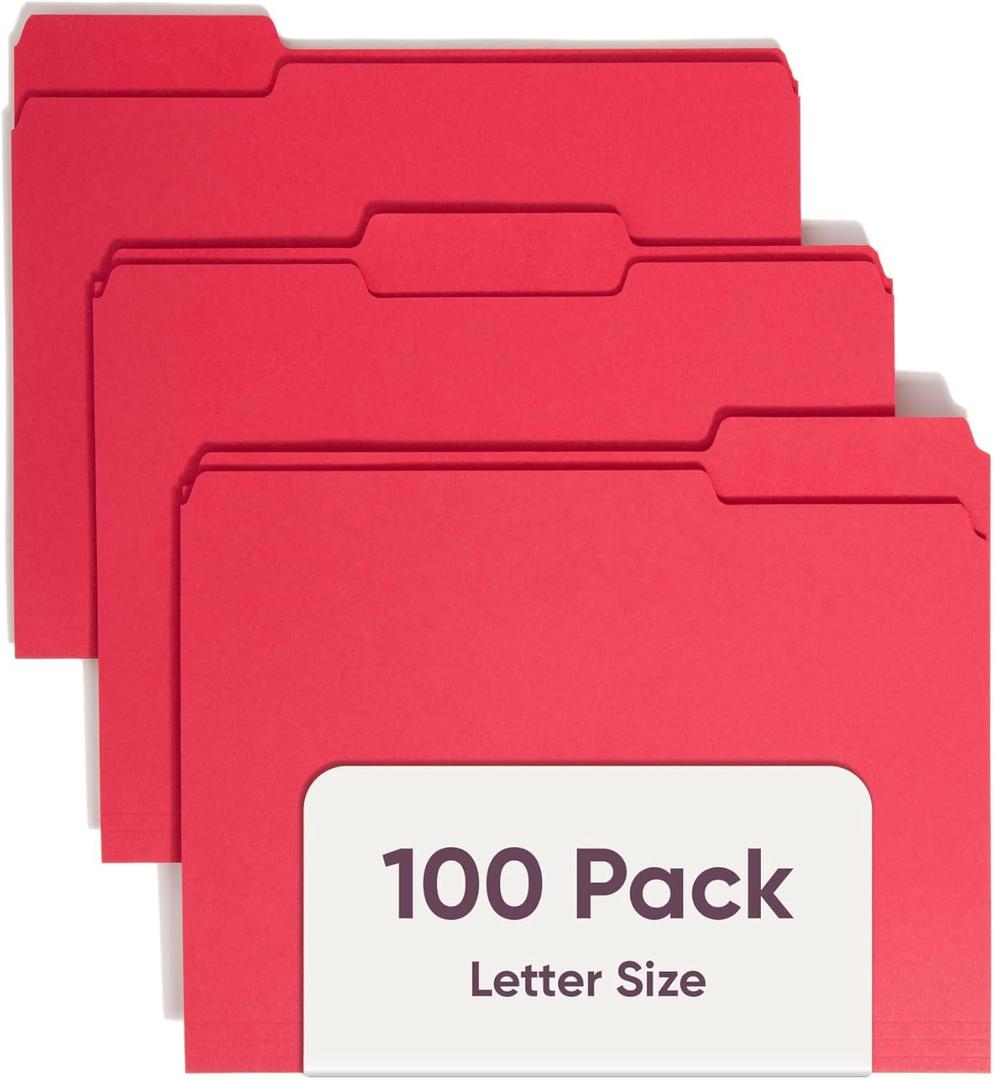 Smead File Folder, 1/3-Cut Tab, Assorted Positions, Letter Size, Red, Value Filing Products, 100 per Box