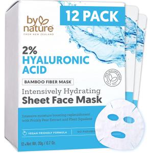 By Nature 2% Hyaluronic Acid Sheet Face Mask for Dry, Dehydrated & Sensitive Skin Hydration Boost with Prickly Pear & Squalane Made in New Zealand Pack of 12