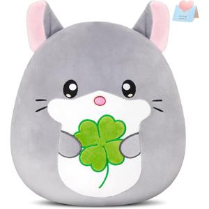 13-Inch Chinchilla Plush Pillow with Four-Leaf Clover, Ultrasoft Grey Chinchilla Stuffed Animal Toy Hugging Throw Toy Gifts for Bedding, Kids Sleeping Kawaii Pillow
