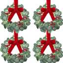4 Pack 12 Inch Christmas Kitchen Decor Mini Christmas Wreath Small Cabinet Wreaths with Red Bow Eucalyptus Leaves Flowering Boxwood Branches Red Berry Xmas Wreaths for Windows Door Wall Stairs Home