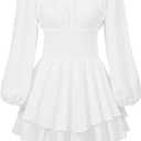Women Off Shoulder Romper Puff Sleeve Elastic Waisted Corset Mini Dress with Shorts Layered Playsuits (Medium, White)