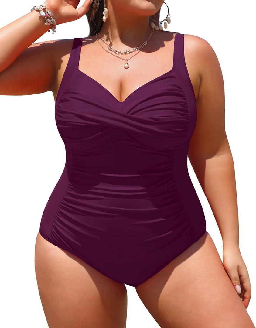 Yonique Women Plus Size One Piece Swimsuits Tummy Control Bathing Suits Twist Front Ruched Swimwear Deep Purple, 14W