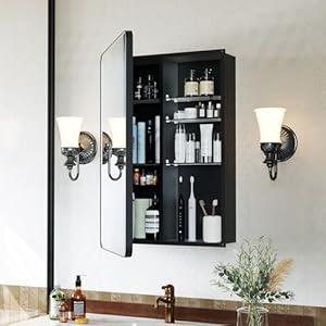 GoTiling Medicine Cabinet 16x20 Inch, Matte Black Aluminum Bathroom Mirror Cabinet with Storage, 6 Adjustable Glass Shelves, Rust Proof, Recessed or Surface Mount Wall Cabinet, Soft Close Hinges