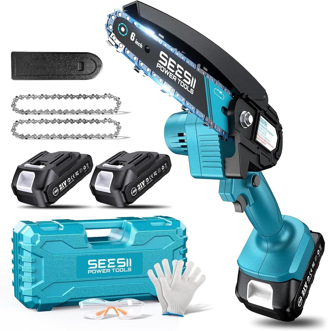 Seesii Mini Chainsaw, 6-inch Mini Chainsaw Cordless, Handheld Electric Power Chain Saw with 2 Batteries, for Tree Trimming Wood Cutting, Best Gifts for Father, Dad, Husband, Men (Sky Blue)