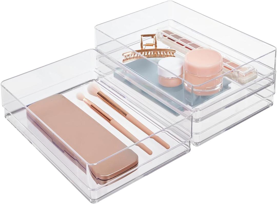3 x STORi SimpleSort 3-Piece Stackable Clear Drawer Organizer Set | 9" x 6" x 2" Rectangle Trays | Wide Makeup Vanity Storage Bins and Office Desk Drawer Dividers | Made in USA