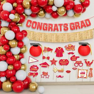 Katchon, Red And Gold Graduation Balloon Arch Kit 2026, Pack Of 70 | Congrats Grad Banner, Graduation Photo Props, Lanterns For Graduation Decorations 2026, Grad Party Balloon Arch Kit Graduation