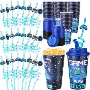 Yungyan 16 Sets Video Game Party Favors Goodie Cups with Lids and Straws for Birthday Decorations Reusable 16oz Plastic Candy Cups Plastic Straws for Birthday Party (Video Game)