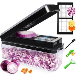 Vegetable Chopper, Onion Chopper Dicer, Mandoline Slicer, Food Chopper with Container, Vegetable Cutter for Salad Potato Carrot Garlic2 Blades, Black