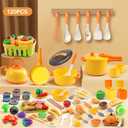 120Pcs Mini Play Kitchen Accessories, Kids Pretend Cooking Playset with Desserts, Cuttable Veggies & BBQ & Storage Basket, Educational Role-Play Gift for Toddlers, Child, Yellow