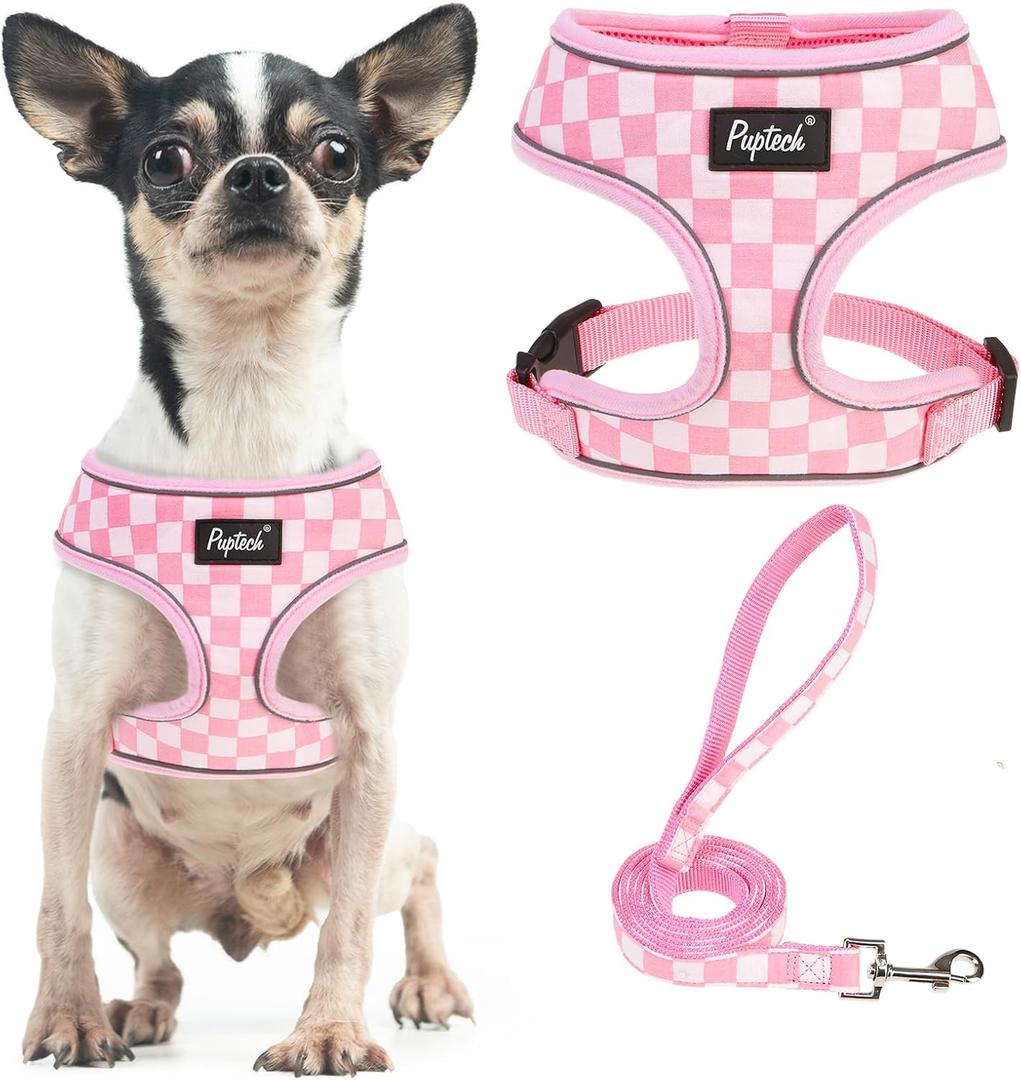 PUPTECK Soft Mesh Dog Harness and Leash Set Pet Puppy Cat Comfort Padded Vest No Pull Harnesses, Checkered Pink&White, S (S (NECK: 12", CHEST: 14"-18"))