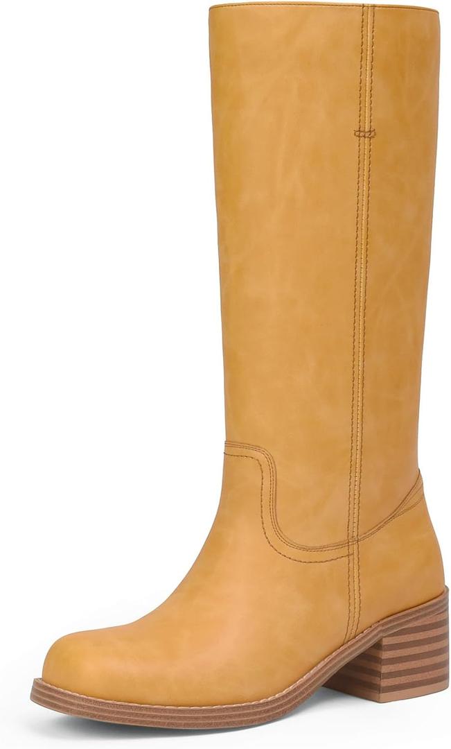 Adolilove Mid Calf Boots for Women Chunky Block Heel Women’s Tall Boots Square Toe Comfortable Casual Boots Low Heel Trendy Stylish Boots, Yellow, Size 6.5