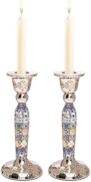 Yair Emanuel Modern Pillar Candle Holders 6.5 Inch | Shabbat Candlestick Holders | Colorful and Intricate Design Set of Two Judcaia Gift (Multicolor Geometric CSV-3)