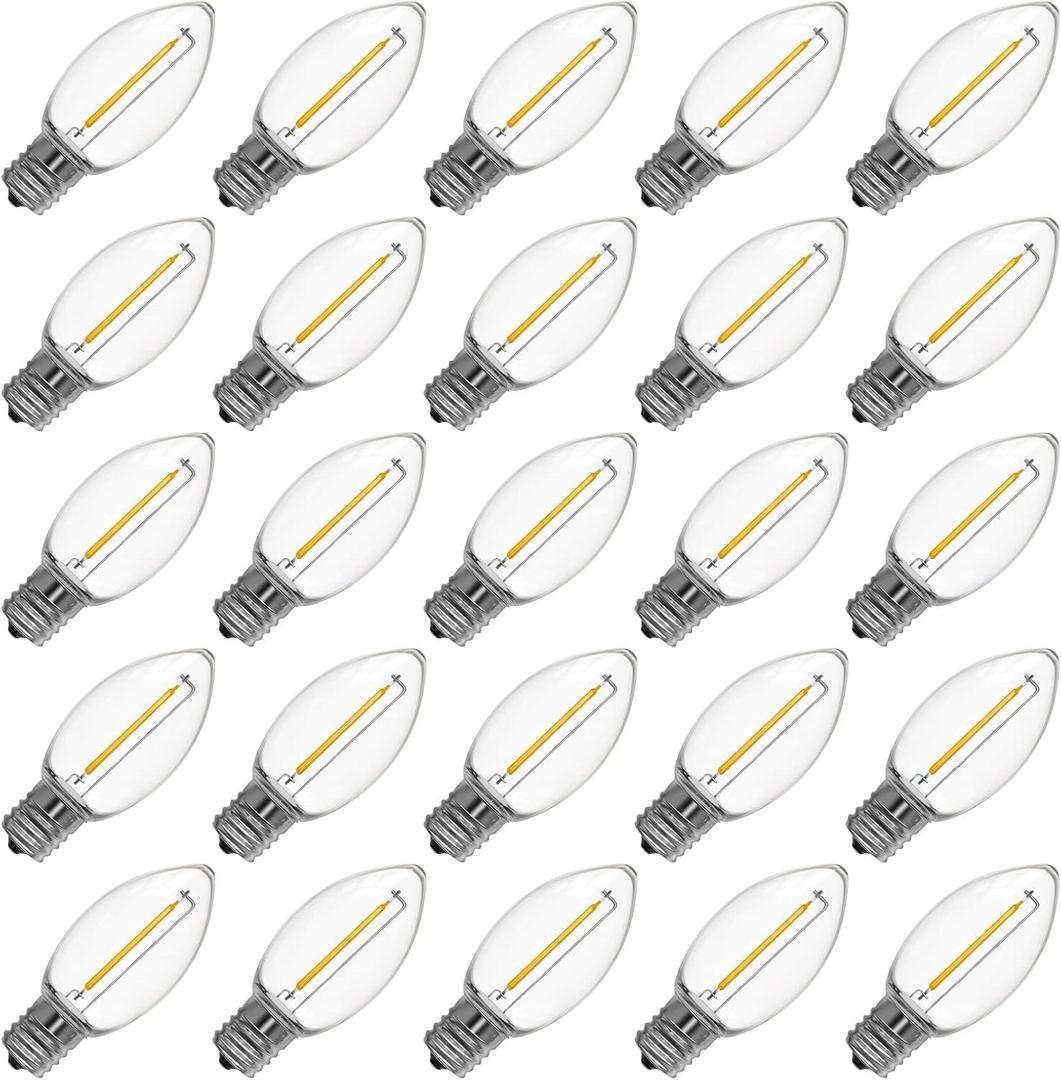 Meconard C9 Led Replacement Christmas Light Bulb, 25 Pack C9 Shatterproof Led Bulbs for Christmas Outdoor String Lights, E17 Intermediate Base, Commercial Grade Holiday Bulbs, Warm White