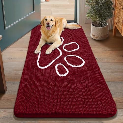 Smiry Dog Door Mat for Muddy Paws, Absorbent Dirt Trapper Non Slip Quick Dry Washable Chenille Mat for Mud Dogs, Entry Rug for Indoor and Outdoor (48x30 Inches, Red and White)