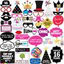 16th Birthday Photo Booth Props - 40 Pieces - Funny Birthday Party Supplies for Him or Her - Photo Booth Decorations, Favors and Gifts