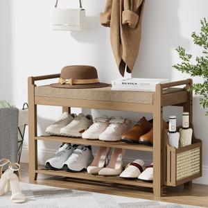 Homaxy 2-Tier Shoe Rack Bench, 28.2 in, Walnut and Light Brown