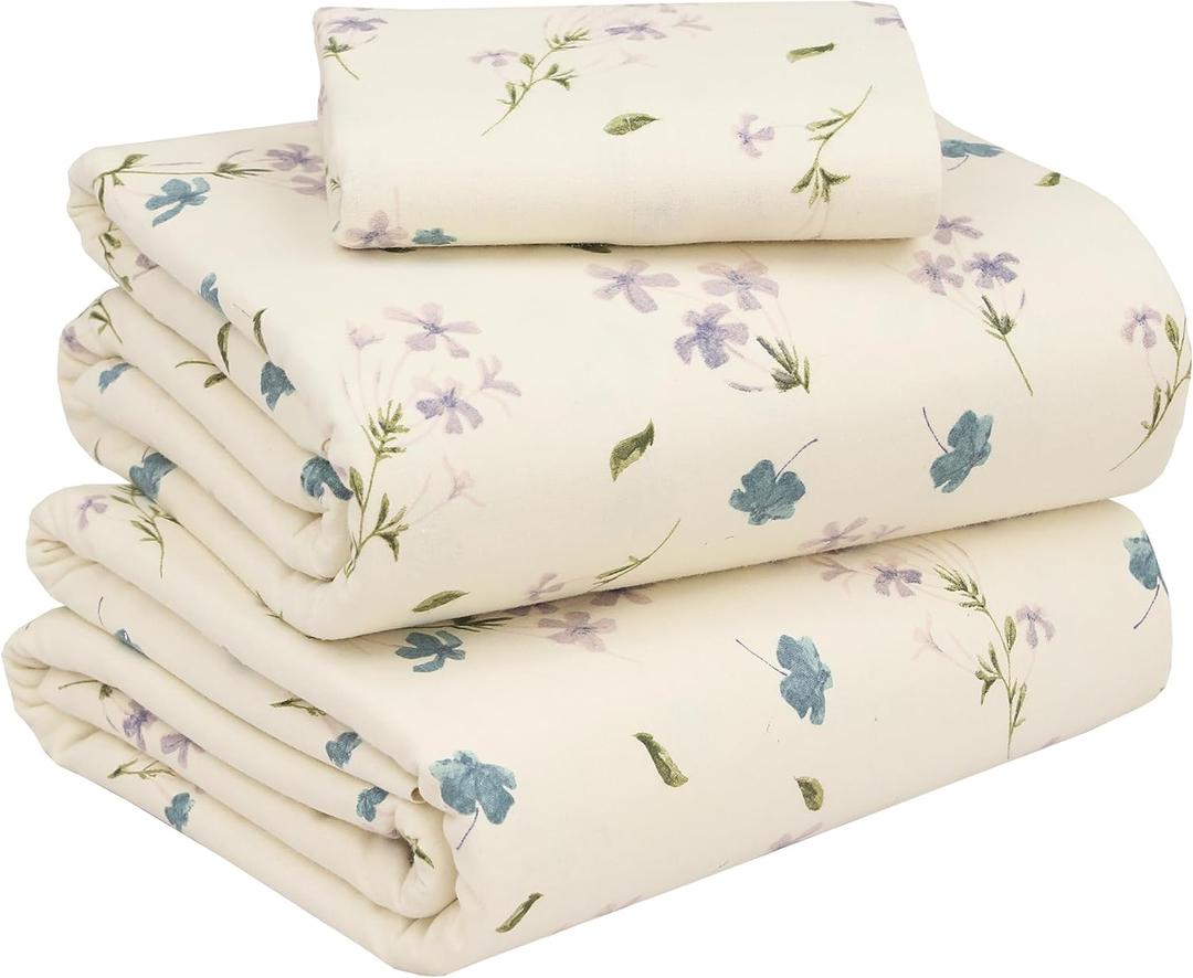 RUVANTI Flannel Sheets Queen Size - 100% Cotton Double Brushed Bed Sheets, Deep Pockets 16 Inches Queen Sheet Set, All Seasons Breathable & Extra Soft - Warm & Cozy, 4 Piece, Jasmine Stamp Cream