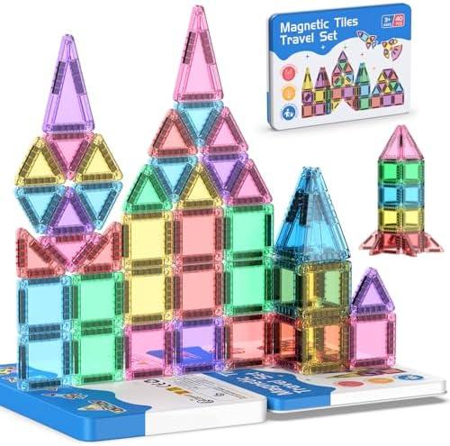 Zupooko 42PCS Mini Magnetic Tiles Travel Set, Portable STEM Building Blocks for Kids with Metal Storage Box, Montessori Sensory Toys for Classroom & Travel, Gift for Boys & Girls