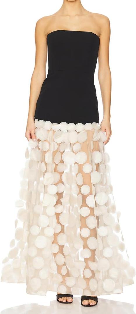 Women's Natural Strapless Dress Bustier Slim Black Top Splicing White Polka Dot Net Yarn Gown (Medium)