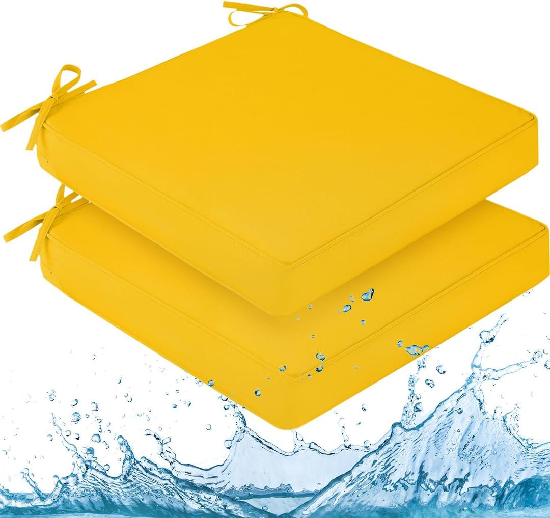 downluxe Waterproof Outdoor Chair Cushions for Patio Furniture, 24" x 24" x 4" Patio Chair Cushion with Adjustable Ties & Portable Handle, Square Outdoor Cushion with Removable Cover, Yellow, 2 Pack