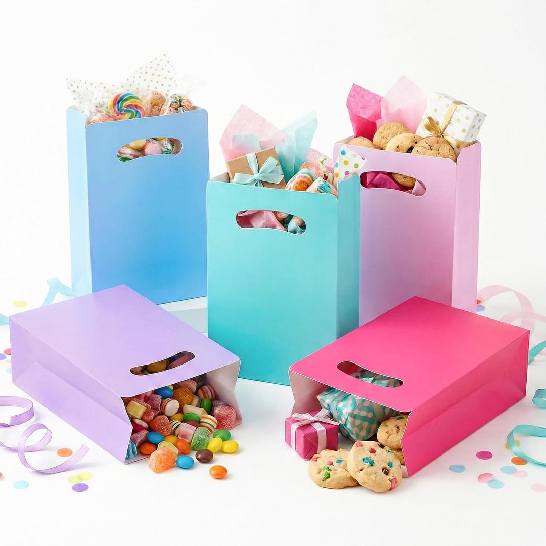 2 x UnicoPak 15 Pack Pastel Party Favor Bags - 6x3x9" Matte Goodie Bags in 5 Assorted Colors for Birthday, Wedding, Baby Shower - Sturdy Teal Pink Purple Blue Gift Bags with Handles, Customizable for Treats & Cookies