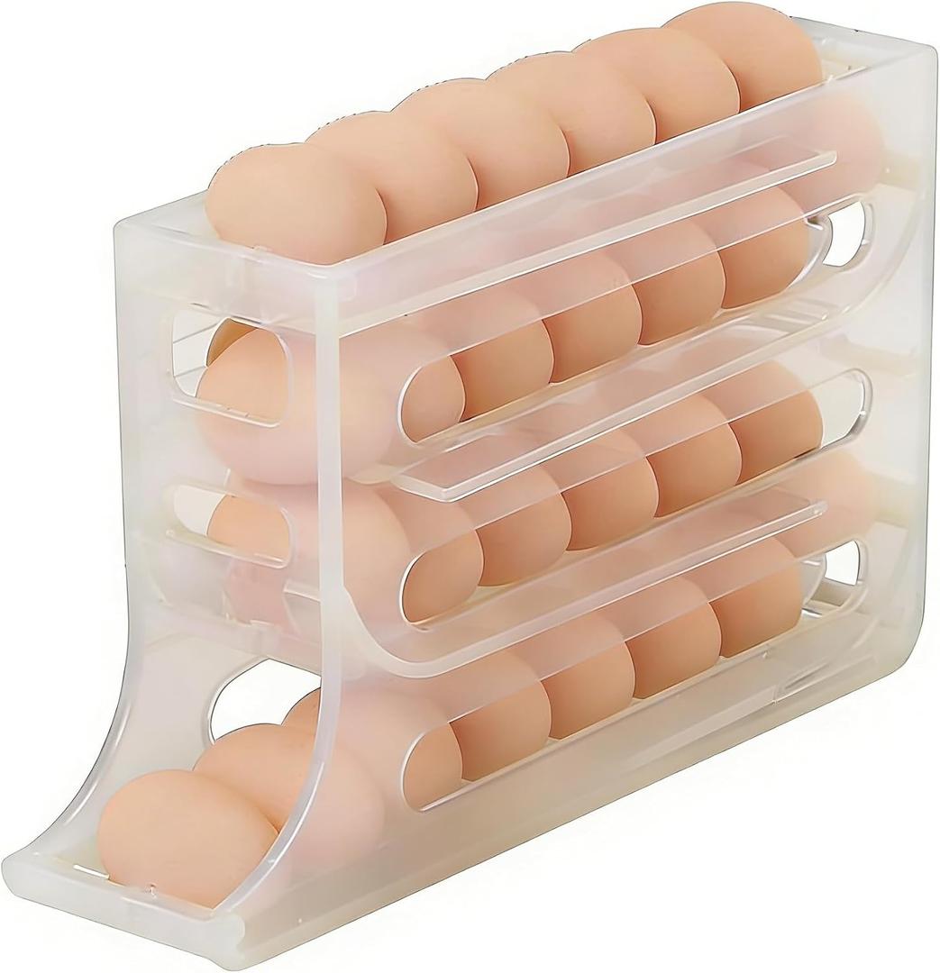 Automatic Rolling Egg Holder for Fridge, 4 Tier Egg Dispenser Organizer, Space Saving Refrigerator Egg Storage Container Holds 28 Eggs for Kitchen Pantry Countertop (75% Transparency)