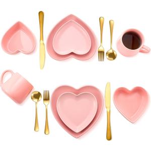 Suclain 14 Pcs Heart Shaped Dish Set Valentine's Day Include 4 Matte Heart Shaped Ceramic Dinner Plate, 2 Pink Bowls, 2 Ceramic Coffee Mug, 6 Gold Cutlery Set for Party(Pink)