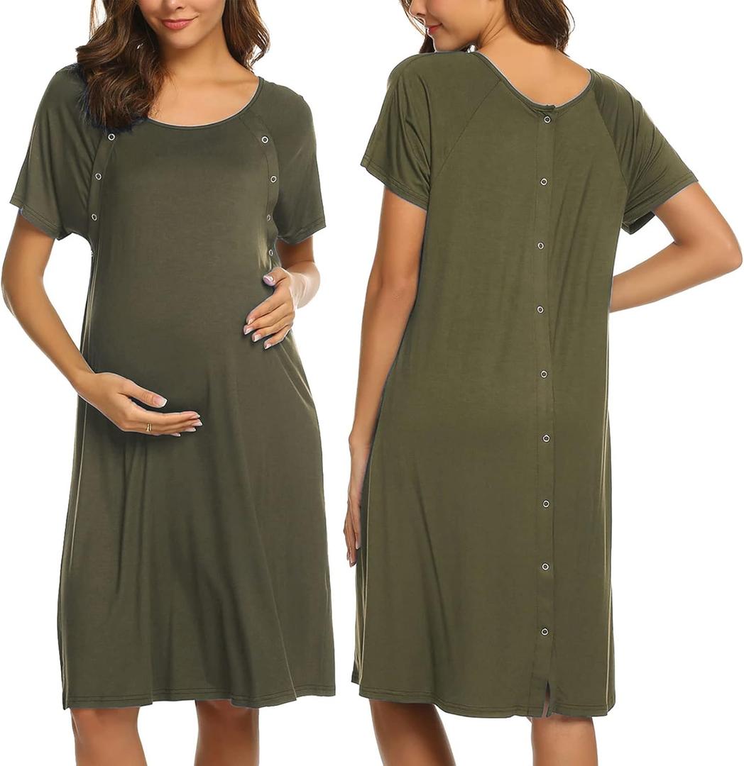 Ekouaer Womens Nursing/Delivery/Labor/Hospital Nightdress Short Sleeve Maternity Nightgown with Button XL (Army Green)
