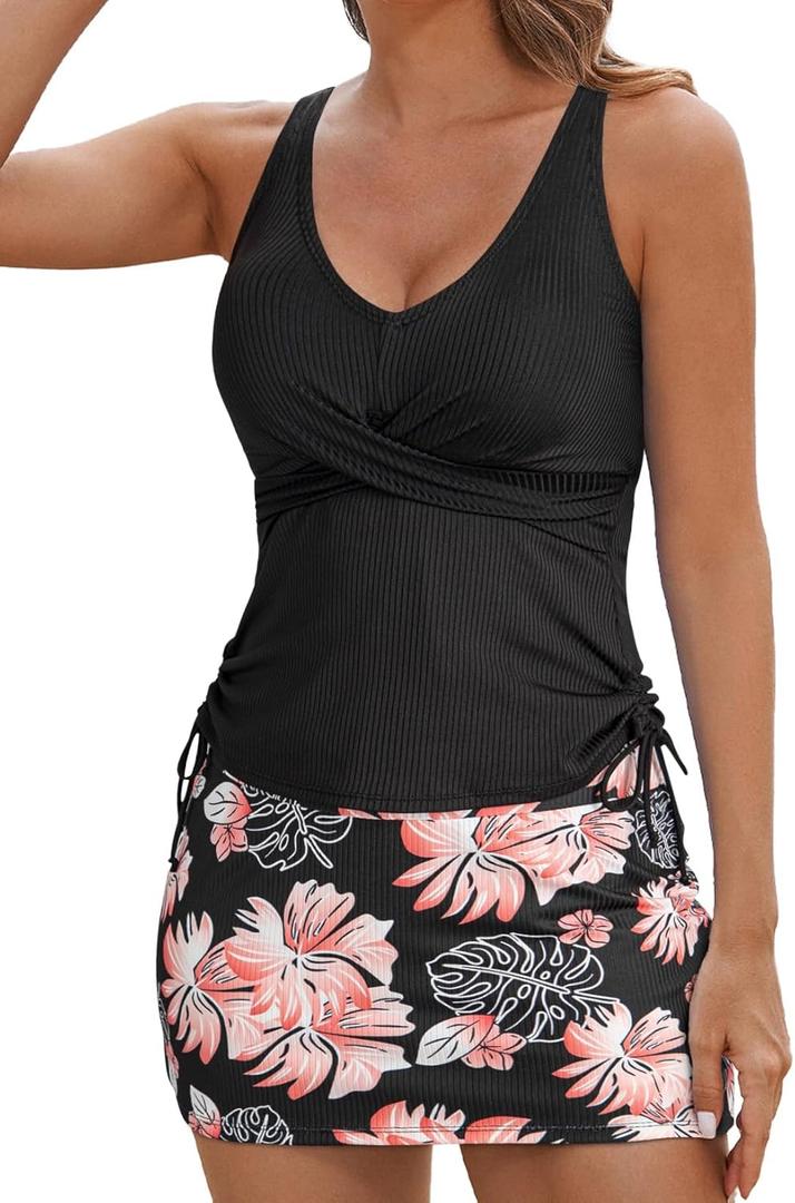 Aleumdr Women's Tankini Swimsuit Two Piece Tummy Control Bathing Suit Twist Front Swim Tank Top with Skirt (Floral Black, X-Large)