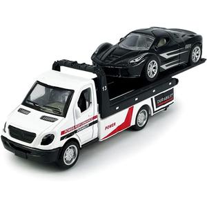 Flatbed Truck Toy Rescue Tow Truck Transport Trailer Car Carrier Metal Diecast Pull Back Vehicles 2 in 1 Vehicle Playset Toy Trucks for Boys Kids Toddlers Birthday Gifts for Age 3 4 5 6, White